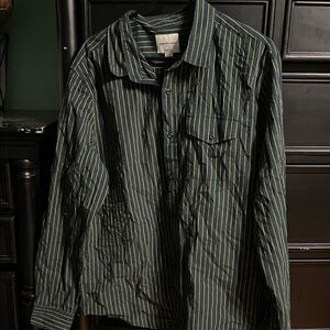 American Eagle Outfitters Green, Navy and Gold Striped Casual Button Down Shirt